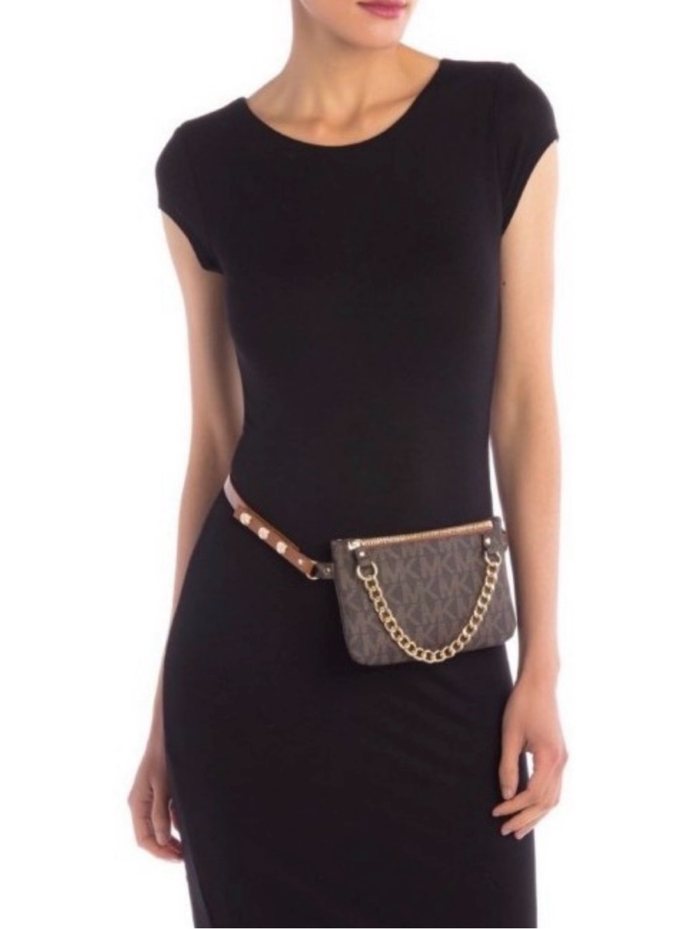 Michael Kors Brown MK Monogram Waist and Shoulder Bag with Gold Chain